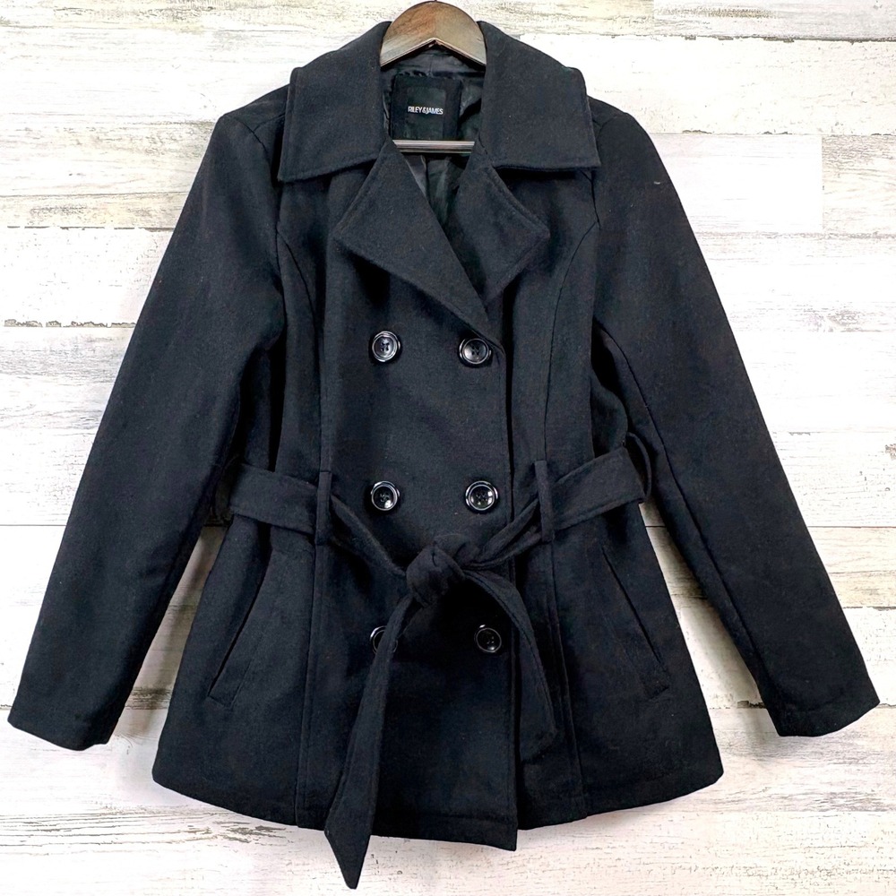 Riley & James Peacoat Women Large Black Double Breasted Belted Corpcore Chic